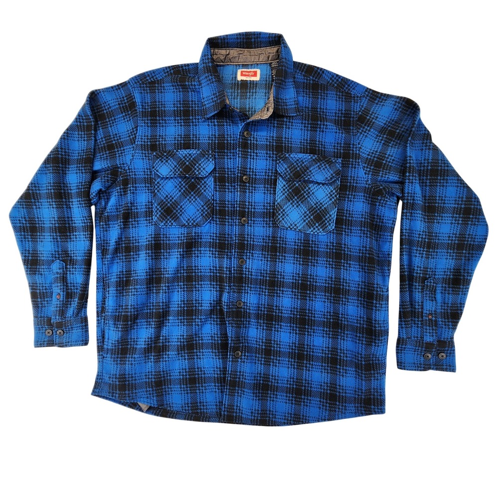 Wrangler Mens XL Blue Black Plaid Fleece Button Down Shirt Long Sleeve Shacket